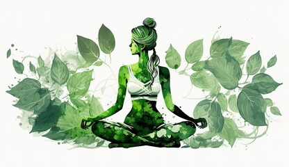 Fototapeta na wymiar 21 June- international yoga day, green woman in lotus yoga pose, Generative ai