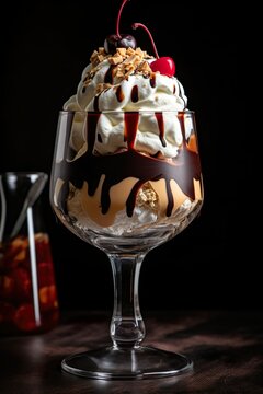 Tall coupe Denmark sundae in a large beautiful and tall glass, vanilla ice cream, chocolate sauce, whipped cream, almond, ice cream 