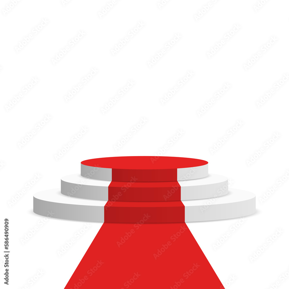 Poster stage podium with red carpet. white round pedestal with stairs and red carpet isolated on background