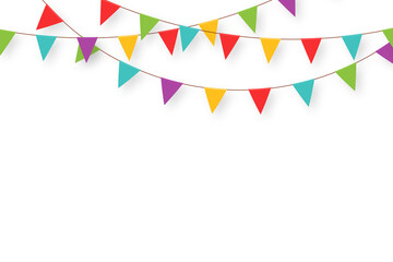 Carnival garland with flags. Decorative colorful party pennants for birthday celebration, festival and fair decoration - obrazy, fototapety, plakaty