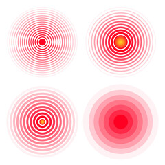 Set of pain localization mark. Abstract symbol of pain. Red circles for marking human pain. Headache, hurt body part marker, muscular joint pain