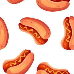 Hot Dog Pattern. Vector Cartoon Illustration of Fast Food for Menu.
