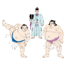 浮世絵風の力士と行司　相撲 横綱　水彩 イラスト