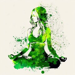 21 June- international yoga day, green woman in lotus yoga pose, Generative ai