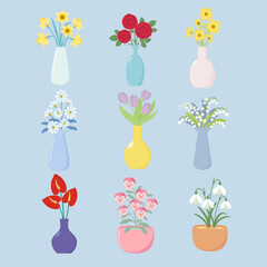 Set of flowers in vases. Flat design.