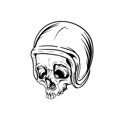 Hand drawn illustration of a skull wearing a helmet outline