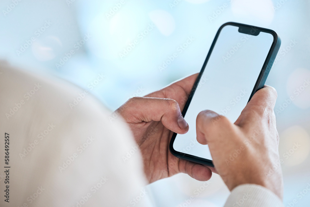 Aufkleber businessman, hands and phone with mockup screen for social media, advertising or marketing at office
