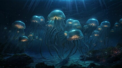 Obraz na płótnie Canvas Glowing Sea Jellyfishes Concept, Image Ai Generated