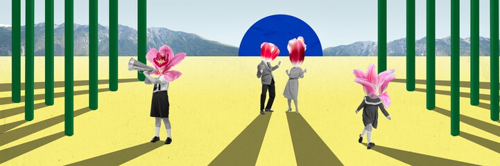 Group of people, family with flower bud instead of head having fun outdoors. Surreal contemporary art collage