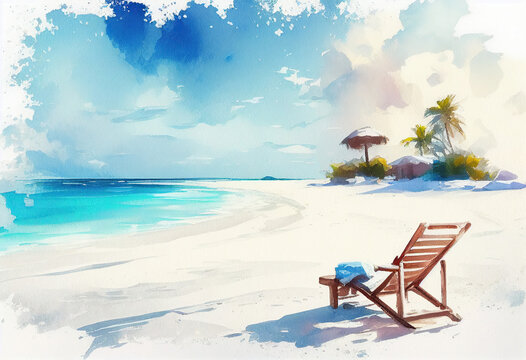 Beautiful tranquil white sand beach with beach chair generative AI