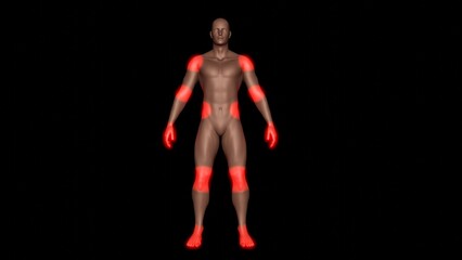 Neuropathic pain zones in body. Peripheral Neuropathy. Areas of pain on human body. Joints, areas of human body with red lighting.  3d render illustration.