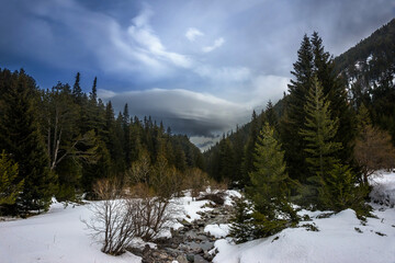 Bunderishka river near Baikusheva mura. Winter mountain landscape in Pirin national park, Bulgaria.