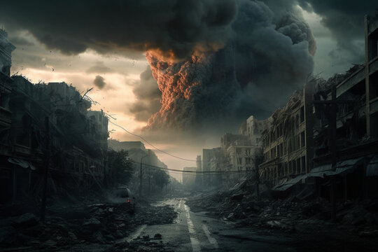 illustration view of cities after the apocalypse caused by atomic bombs, created with Generative AI Technology