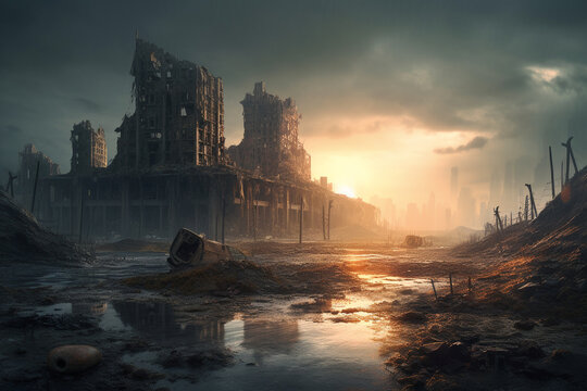 illustration view of cities after the apocalypse caused by atomic bombs, created with Generative AI Technology