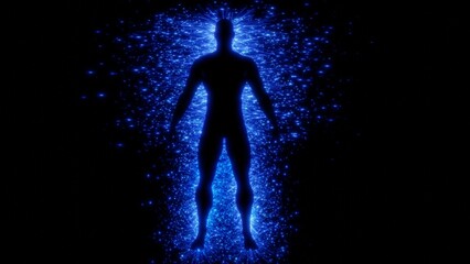 Glowing man with electric energy stream background. Silhouette of male surrounded with sparkling blue energy field.  3d render illustration. 