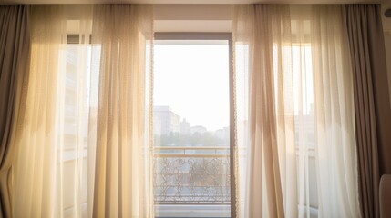 Obraz na płótnie Canvas soft brown curtain with morning light from window bedroom interior background home beautiful ideas concept, image ai generate
