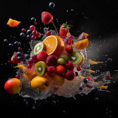 Obraz na płótnie Canvas Colorful explosion of oranges, strawberries, blueberries, kiwis and more, suspended mid-air and frozen in time