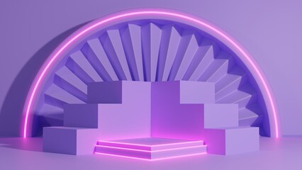 Podium room for your product with neon light and stairs, Geometric platform design purple pastel...
