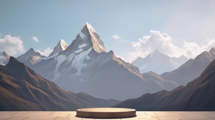Podium for product advertisement or restaurant menus with beautiful mountain background. Generative ai