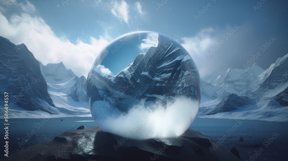 Poster magic snow globe planet glacier in winter. generative ai