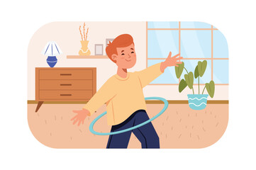 Sport kids concept with people scene in the flat cartoon design. Boy doing exercises with sports equipment at home. Vector illustration.