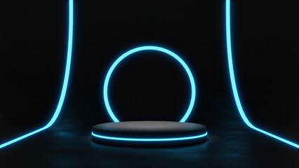 Sci-Fi Futuristic Podium, Futuristic blue Glowing Empty Showcase.Blank product pedestal for product...