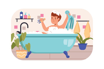Kid in bathroom kids concept with people scene in the flat cartoon style. Boy plays with toys while bathing in the bathroom. Vector illustration.