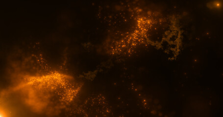 Abstract background of orange yellow fiery flying energy particles of energy magic waves with glow effect and bokeh blur