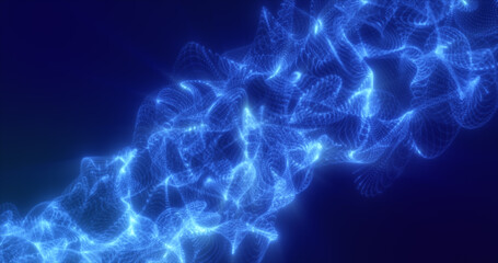 Abstract blue energy waves from futuristic hi-tech mesh particles glowing background