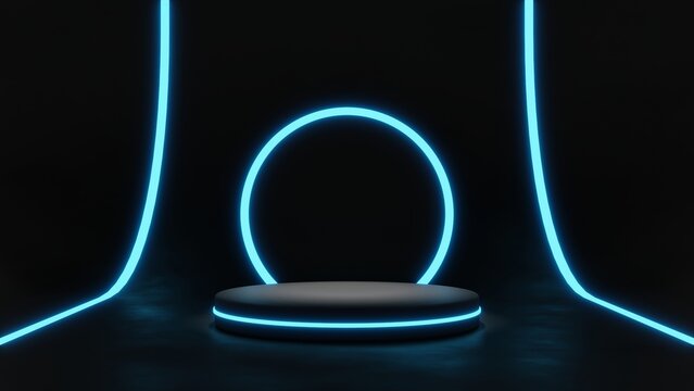 Sci-Fi Futuristic Podium, Futuristic blue Glowing Empty Showcase.Blank product pedestal for product presentation.Future background for design technology Sci-fi interior concept.3d Rendering.