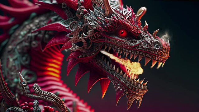 Japanese Red Dragon Video Animation: Mythical, Dragon Breathes Fire, Oriental Folklore, Eastern Mythology, Traditional Japanese Background, 3D loop motion