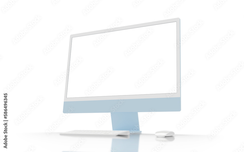 Fototapete Modern blue computer display on desk with keyboard and mouse beside. Isolated screen and background for mockup