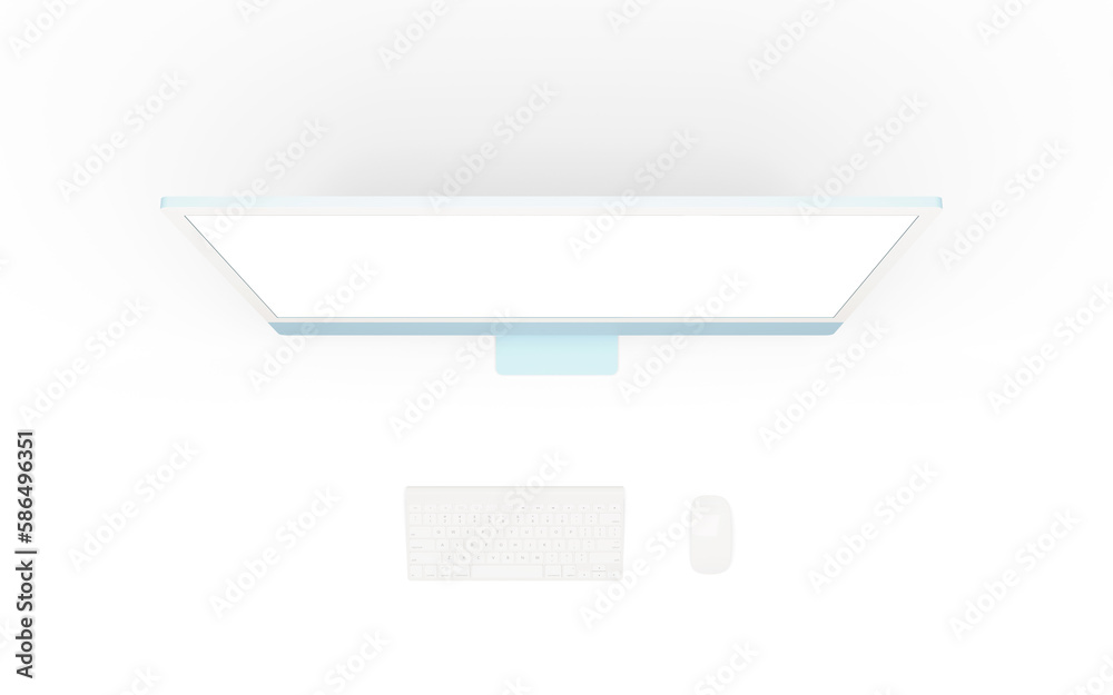 Aufkleber Computer display, keyboard and mouse view from above. Isolated screen for app or web page presentation. Top view, flat lay