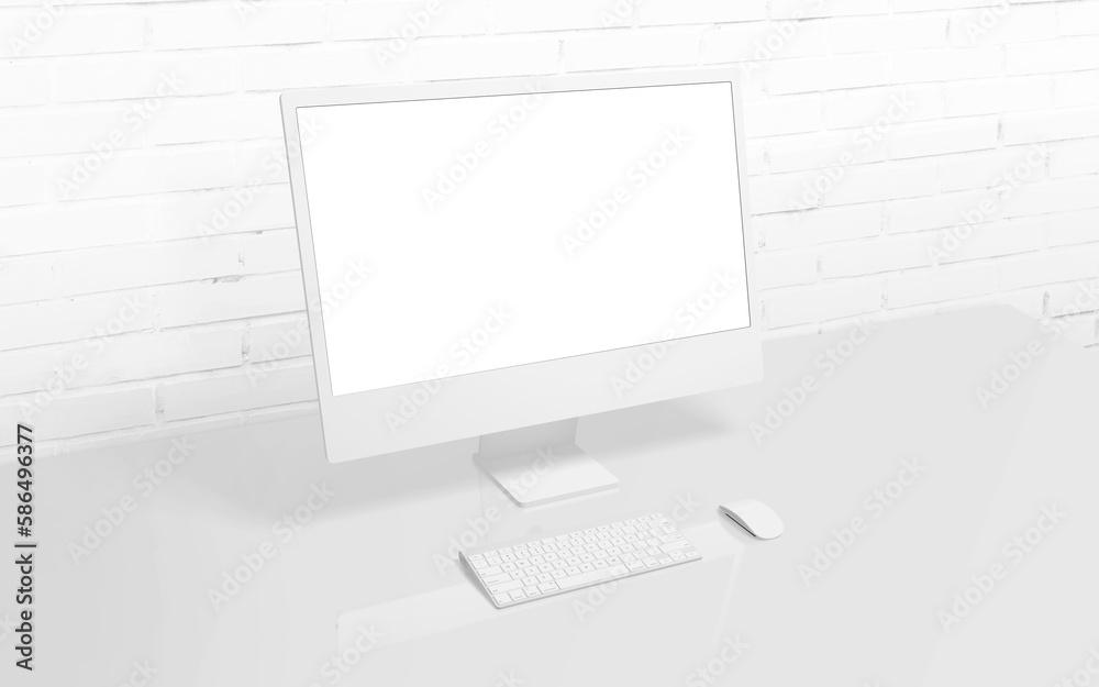 Fototapete White computer display on work desk with brick wall in background. Isolated screen for mockup, app or web page presentation