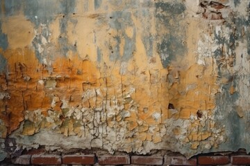 weathered brick wall with peeling paint. Generative AI
