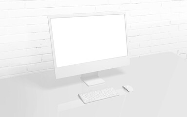 White computer display on work desk with brick wall in background. Isolated screen for mockup, app or web page presentation