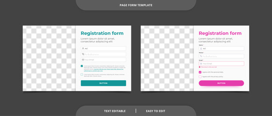Set of registration page form template. Popup form, subscribe form, contact form, callback form. Frame for inserting a photo or illustration. Website UI concept.