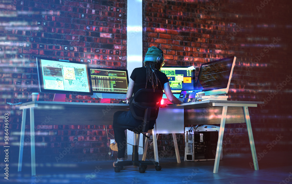 Aufkleber Digital coding, hacker woman and computer monitor for cybersecurity, programming and big data. Website hack, dashboard and technology of a female working on futuristic, iot and software database