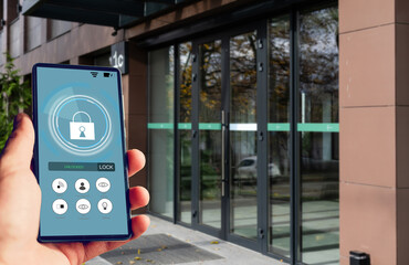 Woman unlocking smartphone application on the screen, closeup. Space for text