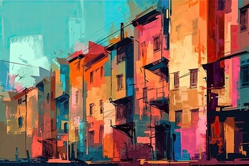 cityscape featuring a row of colorful buildings. Generative AI