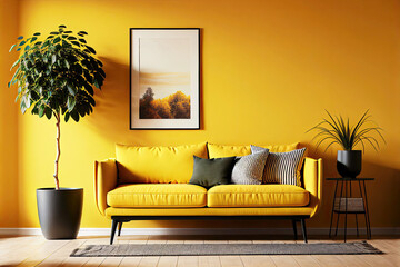 Modern monochrome yellow living room with sofa as interior design concept illustration  (Generative AI)