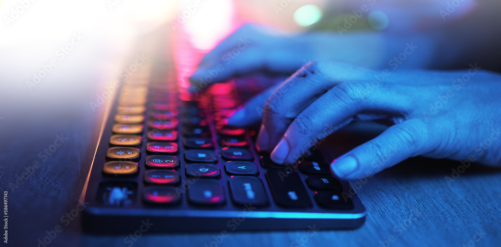 Poster Hacker, hands and typing on neon keyboard for software, programming or cybersecurity. Developer, it coder and woman on computer keypad for hacking, phishing and dark web malware at night in home.