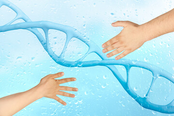 Two hands, dna structure helix, deoxyribonucleic acid, nucleic acid molecules, human genome research method, development science, disruption of neural connections, chromosome change, 3d rendering