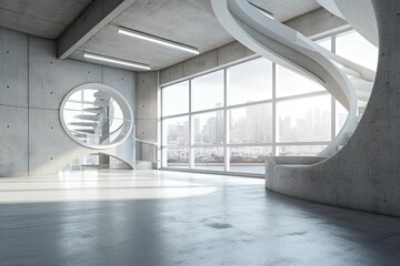 an empty room with a spiral staircase and large windows. Generative AI