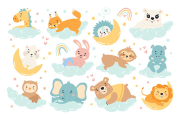 Cute animals on clouds and moons flat illustrations set. Sleepy giraffe, fox, rabbit, hippo, sloth, owl