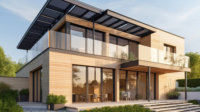photovoltaic solar panels in modern house roof. sustainable energy concept. Generative AI.