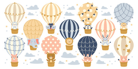 Cute animals in balloons flat illustrations set. Funny tiger, elephant, bear, lion, deer, lama inside flying ball