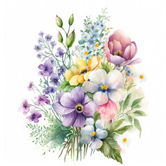 Fototapeta na wymiar Watercolor pastel colorful flowers bouquet isolated on white background. Botanical illustration. Ai generated
