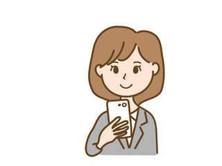 スマホでインターネットを見るスーツ女性会社員_メールSNS自撮り_カラー