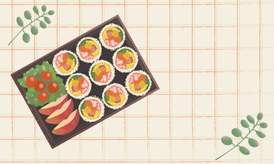 한국 음식 도시락 소풍 김밥 채소 일러스트 벡터, Korean food lunch box picnic gimbap vegetables illustration vector